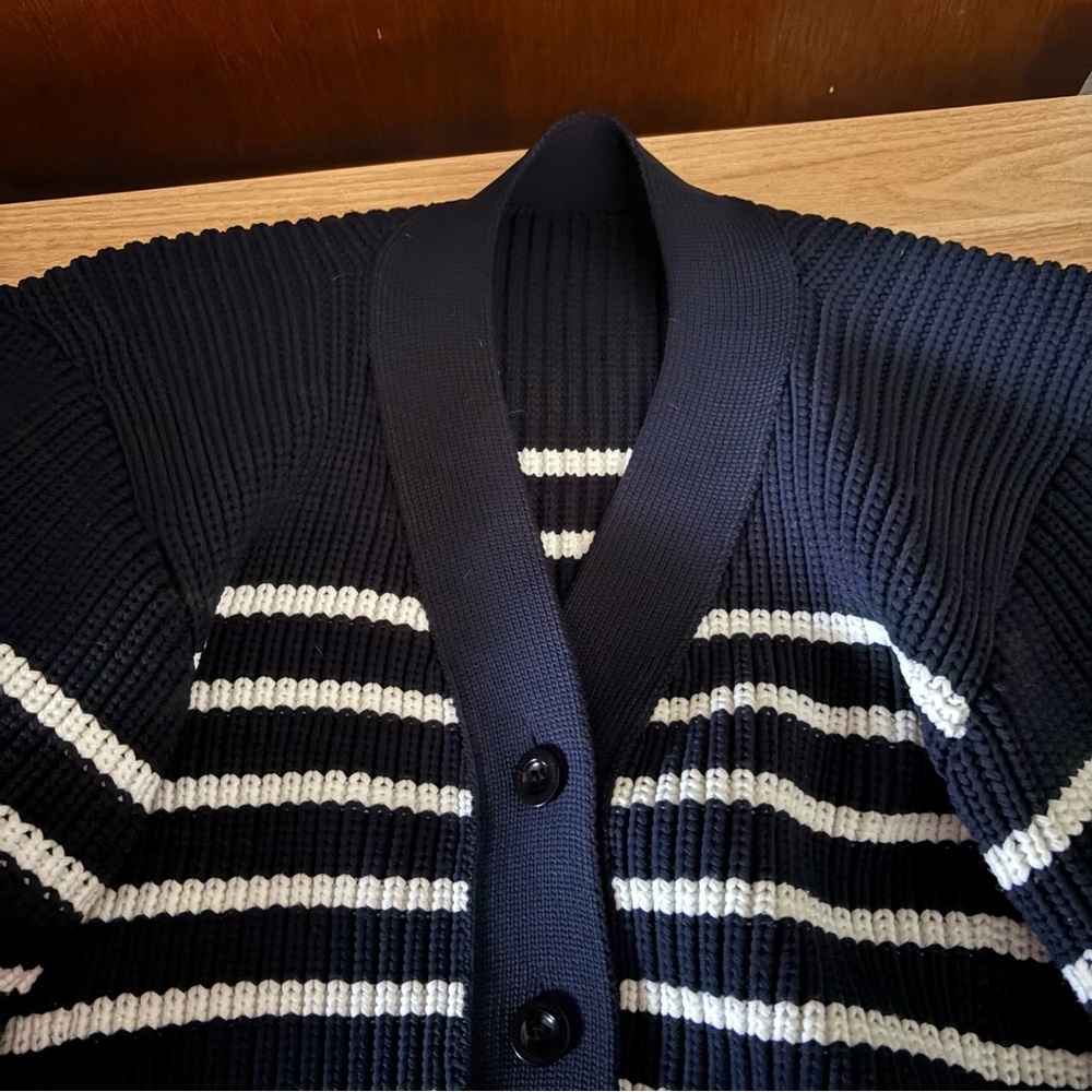 SACAI sz 1 S Thick Knit Horizontal Stripe Cardigan Sweater Navy Blue White - Picture 8 of 16